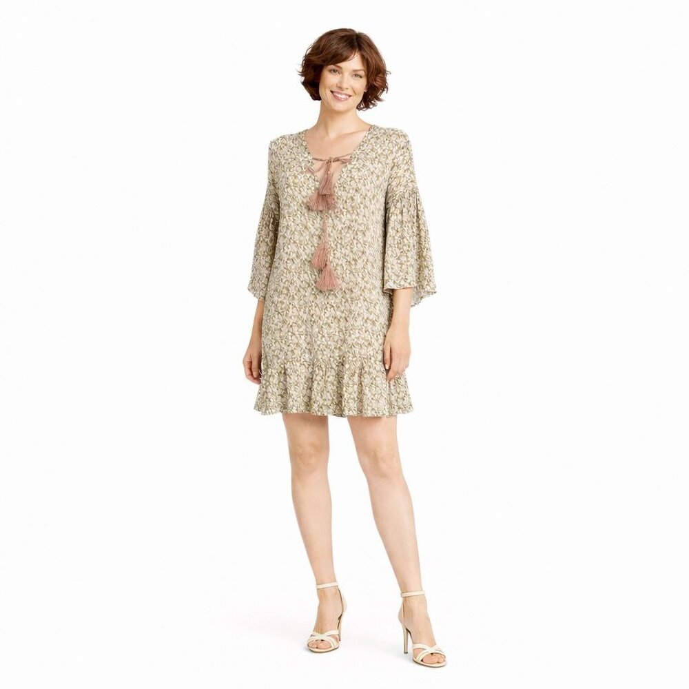 2/$30 Storia Small Floral Tassel Tie Boho Floral Beige Dress Small
